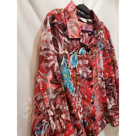 Chicos Women 3 Red Shaket Button Sheer Burnout Floral Long Sleeve Abstract Artsy - Picture 2 of 12